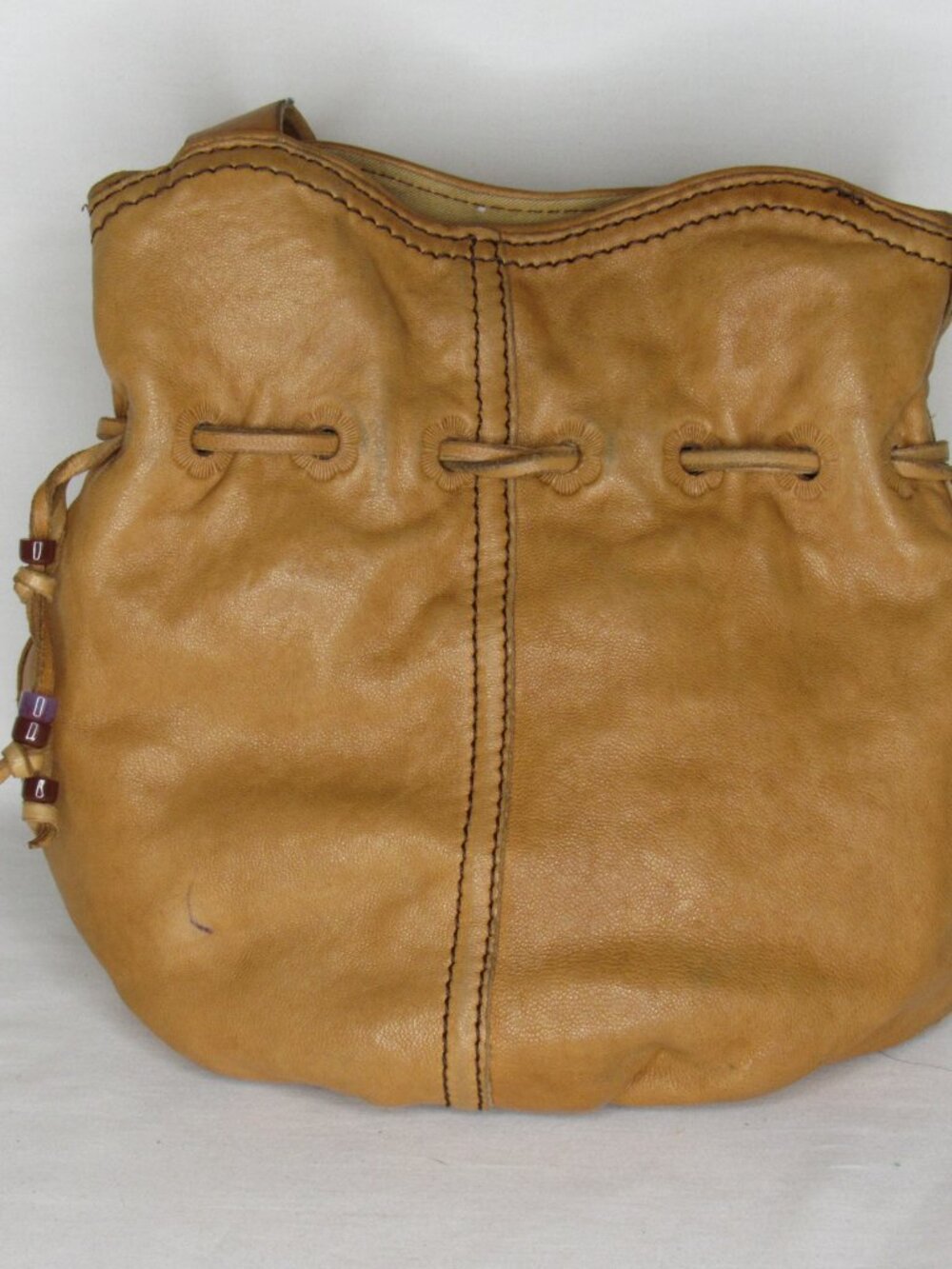 Lucky Brand Light Brown Leather Bucket Hobo Bag Drawstring Cinch Purse - Picture 3 of 7